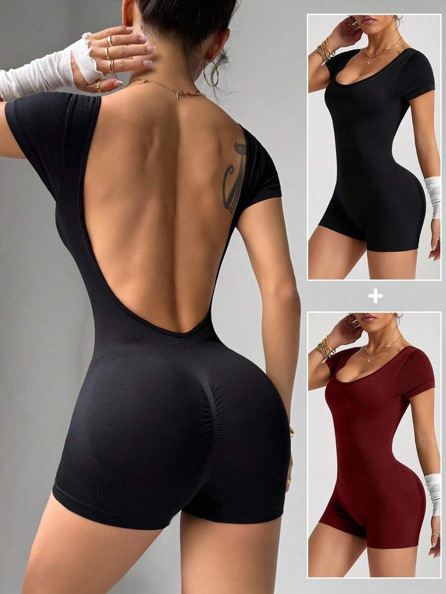 SHEIN Velisys 无缝高弹力运动健身瑜伽露背短裤 - 彩色 - 查看 1