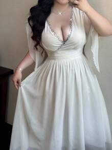 Flirla 大码女式 V 领荷叶边袖褶饰 A 字形雪纺长裙，优雅复古，适合派对、度假、休闲场合、婚礼