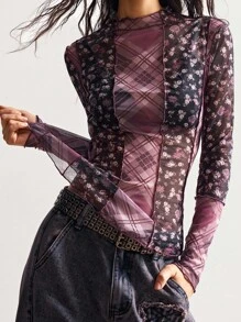 Bohemela 女式格子拼布和碎花长袖上衣 - 藏蓝色 - 查看 4