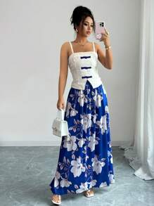 Selianne Women's White And Blue Floral Summer Elegant Tea Party Chic Sleeveless Tank Top & Printed Flare Skirt Two Pieces Set,Retro Resort Lady Outfit - Blue - View 1