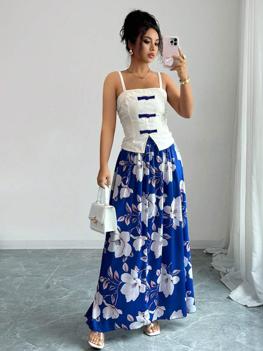 Selianne Women's White And Blue Floral Summer Elegant Tea Party Chic Sleeveless Tank Top & Printed Flare Skirt Two Pieces Set,Retro Resort Lady Outfit - Blue - View 1