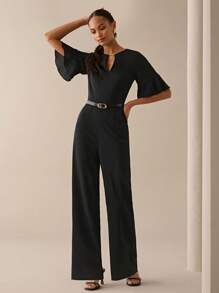 Lilora Salopetă elegantă pentru femei, cu mâneci evazate, în culoare solidă, de vară - Negru - Vizualizare 6