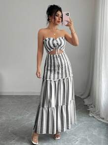 Elenzga 2025 Summer New Arrival Black & White Striped Sexy Elegant Lady Versatile Waist Tie Strapless Sleeveless Dress, Suitable For Dates, Outings, Vacations, Holidays, Independence Day, Back To School, Teacher's Outfit, Weddings, Parties, Music Festivals, Oktoberfest, Halloween, Thanksgiving - Black and White - View 5