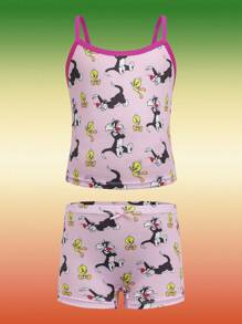 LOONEY TUNES X SHEIN 少女 4 条装卡通印花吊带背心和宽松内裤套装