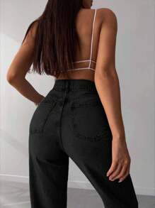 SHEIN Tall Tall High Waist Raw Hem Wideleg Jean - Hitam - View 3