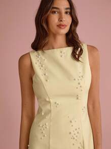 Enchnt 夏/秋浪漫女士奶油黄精致仿珍珠装饰无袖可爱迷你连衣裙，甜美优雅，适合度假、约会、节日、生日、派对、毕业典礼、婚礼宾客、办公室和外出，舞会礼服，女士夏装，女士太阳裙，夏装，女士夏装，返校 - 黃色 - 查看 2