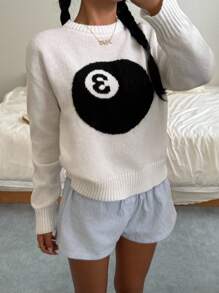 Teen Girls White Solid Round Neck Numeric Design Pullover Sweater, Minimalist Style Teen Girl Sweaters 8 Ball Sweater Soft Girl Sweaters Jumpers For Teen Girls Teen Girl Tops White Sweater Teen Girl Clothes Soft Girl Clothes Teen Girl Tops Aesthetic Teen Sweaters,In Fall/Winter - White - View 4