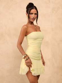 SHEIN BAE 春夏纯黄色奶油色露肩褶饰紧身迷你连衣裙，带荷叶边下摆，可爱夏装，早午餐连衣裙，黄色连衣裙