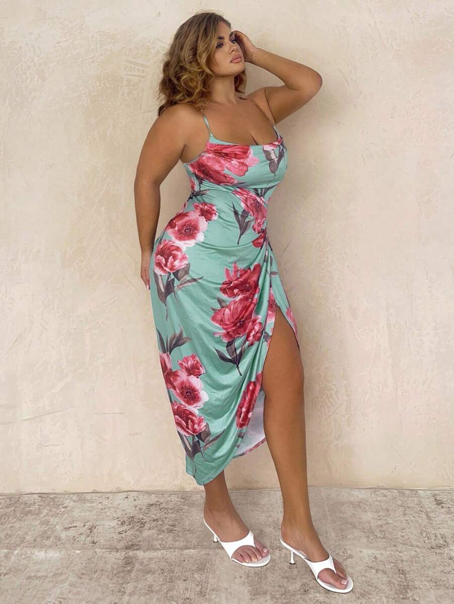 SHEIN BAE Robe d'été à bretelles avec imprimé floral, froncée sur les côtés et fente à l'ourlet, ajustée et sexy, pour femmes grandes tailles