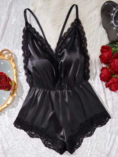 SHEIN 1 件黑色蕾丝拼接深 V 露背交叉肩带性感女式内衣连体裤套装