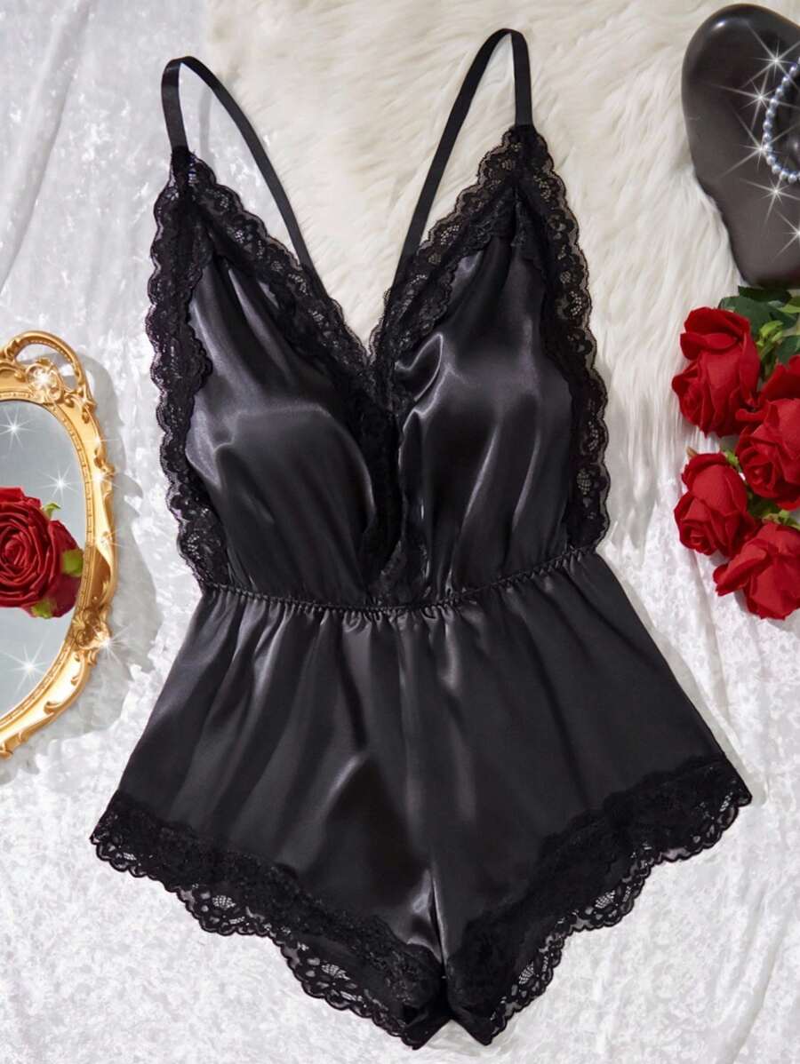 SHEIN 1 件黑色蕾丝拼接深 V 露背交叉肩带性感女式内衣连体裤套装 - 黑色 - 查看 1