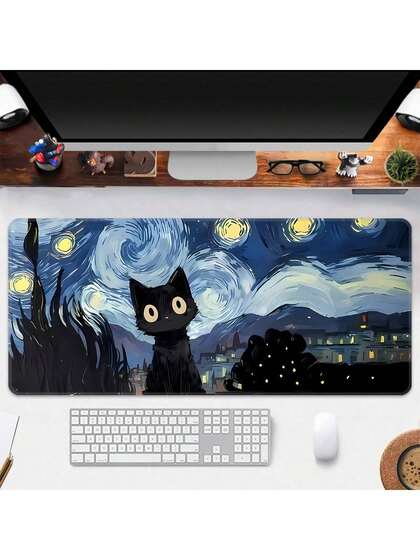 SHEIN Basic living Alfombrilla para ratón con diseño de Gato en el Cielo Estrellado de Van Gogh, Esterilla de escritorio para juegos, Alfombrilla grande para teclado, lavable, con base de goma antideslizante, diseño de borde sellado, como regalo de alfombrilla para ratón, protector de escritorio, alfombrilla de escritorio de estudio, disponible en varios tamaños, alfombrilla para teclado de ordenador, alfombrilla para portátil