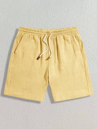 Manfinity BRENVOR 男士休闲梭织中腰抽绳直筒短裤，适合日常穿着，黄色短裤