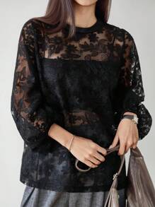 Dazy-Less 女士花卉印花透明蕾丝衬衫，宽松版型，适合商务、休闲、通勤、办公室穿着，春夏秋季长袖女上衣，秋季女装 - 黑色 - 查看 2