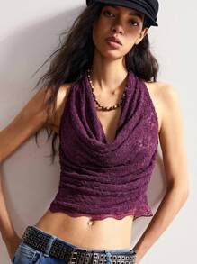 Bohemela Casual Solid Color Lace-Up Backless Draped Neck Women Top Purple Cowl Neck Top Draped Top Purple Top Women Dark Purple Top