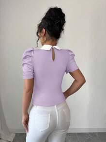 Elenzga 优雅日常穿着领口黑白拼布串珠紧身女式T恤 - 紫色 - 查看 2