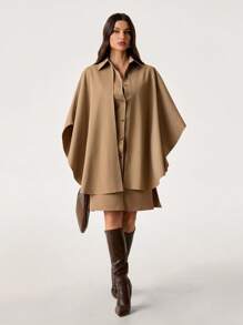SHEIN Tall Abrigo tipo capa largo de mujer para otoño, de color liso, con mangas de murciélago, abotonado sencillo, casual y holgado, para mujeres altas - Caqui - Ver 5