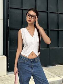 SHEIN Áo không tay cổ chữ V thoải mái, vừa vặn cho bé gái tuổi teen, viền áo bất đối xứng - trắng - Xem 9