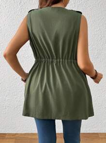 EMERY ROSE Plus Size Women Sleeveless Casual Solid Color Round Neck Jacket With Pockets And Zipper, Spring/Autumn Winter Fall - Army Green - View 2