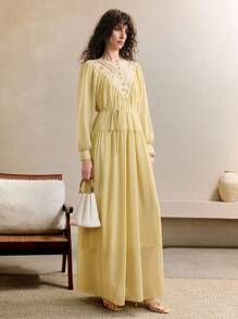 Aveloria Women's Chiffon Splicing Lace Round Neck Pleated Design Waist Warm Yellow Long Dress Elegant Romantic Date Autumn Women's Elegant Dress Women's Simple Dress Beach Outfits For Woman Vacation Outfits Woman Dresses For Women Elegant Country Concert Outfit Fall Cloth For Women - Olive Green - View 6