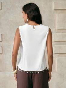 Arave Chaleco casual de estilo vacacional de primavera/verano con encaje calado, volantes y sin mangas en estilo francés chic para ir al trabajo