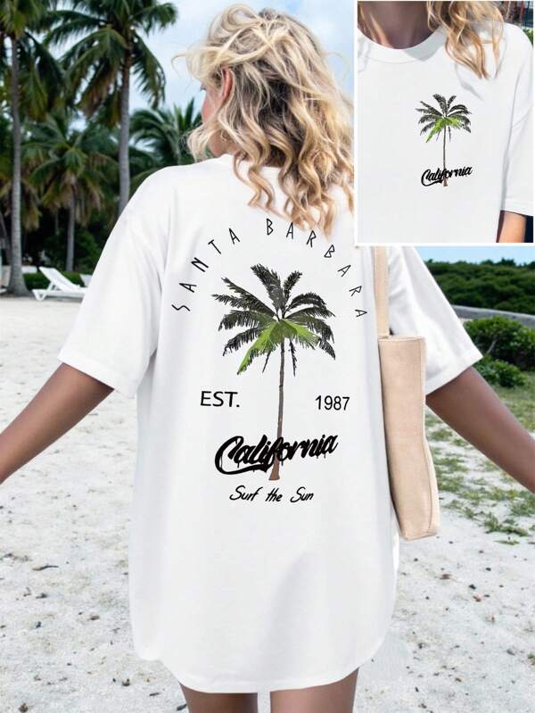 DrmWander Plus Size Women Palm Tree Letter Print Short Sleeve Casual T-Shirt Dress For Summer