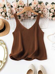 SHEIN Unity Plus Solid Ribbed Knit Top - Rust Brown - View 2