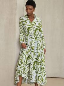 Aveloria Modichic Elegant Olive Green Floral Print Linen Dress For Women,Autumn Tea Party Holiday Bohemian Style,Long Sleeve Button Front Waist Tie Bamboo Nodes Dress - Multicolor - View 4