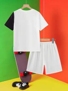 LOONEY TUNES X SHEIN 青少年男孩卡通字母图案短袖T恤和短裤套装 - 彩色 - 查看 2