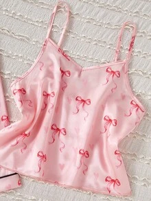 Girls' Minimalist Pink Bow Printed Robe, Spaghetti Strap Shorts & Pants Multi-Piece Pajama Set Sleepwear Set Fall Winter - Multicolor - View 6