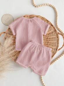 2 件套新生男婴休闲可爱粉色短袖衬衫和松紧腰短裤套装，夏季 - 粉色 - 查看 2