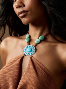 MISSGUIDED Western Bohemian Mini Dress Textured Jersey Cowl Neck Turquoise Stone Pendant Halter Festival American Southwest Style Summer Spring Sleeveless Party Dress - Coffee - View 3