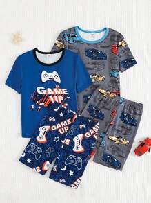 SHEIN 4 Pcs Tween Boy Casual Comfortable Letter Video Game, Colorful Car Print Short Sleeve T-Shirt And Shorts Set, Loungewear Snug Fit Tween Boy Pajama Shorts Sets Back To School Fashion - Multicolor - View 3