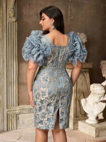 Aureia فستان كوكتيل ضيق بأكمام طويلة ورقبة على شكل قلب، أنيق ورومانسي، مقاس كبير، من قماش الجاكار الأزرق الفاخر، مناسب للحفلات المسائية، والمواعدة، وحفلات الزفاف، والتخرج، والنوادي، والمهرجانات الموسيقية