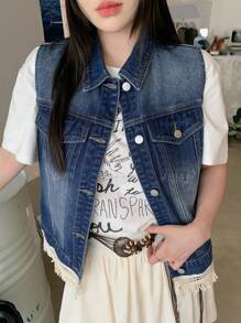 DAZY 女士夏季翻领蕾丝流苏边水洗牛仔背心女式夹克，秋季女装 - 藍色 - 查看 3