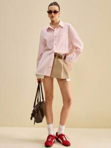 SHEIN Unity Áo sơ mi nữ tay dài vai trễ màu hồng sọc đơn giản, tay dài, cài khuy đơn giản, phong cách cổ điển, thường ngày, lễ hội âm nhạc đồng quê Y2K, mùa hè & thu 2025, phong cách công sở, hẹn hò, tiệc tùng, đi chơi, sân bay, trở lại trường, áo cánh mùa thu - Nhiều màu - Xem 6