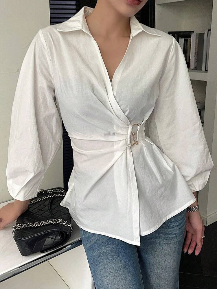 Women's Solid Color Fitted Lapel Oblique Collar Long Sleeve Casual Elegant Blouse, Autumn