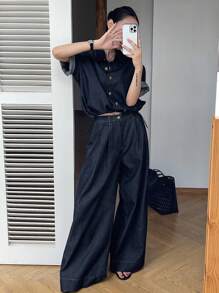 DAZY 女士短袖单排扣衬衫和阔腿牛仔裤休闲套装 - 藍色 - 查看 7