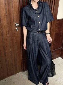 DAZY 女士短袖单排扣衬衫和阔腿牛仔裤休闲套装 - 藍色 - 查看 8