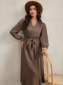 Wildy 美式乡村休闲度假棕色开衫系带中长连衣裙，适合女性，乡村音乐会服装，棕色连衣裙，翻领连衣裙，系带连衣裙，长袖连衣裙，亚麻连衣裙，棕色连衣裙，女教师服装，优雅女装，秋季女装，棕色连衣裙，橄榄绿半身裙 - 軍綠色 - 查看 6