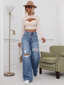 SHEIN ICON Washed Denim Blue High Waist Ripped Wide Leg Jeans - Medium Wash - View 6