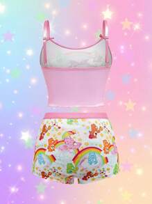 SHEIN X Care Bears 加大码字母和卡通熊图案吊带背心和平角裤内衣套装 - 粉色 - 查看 2