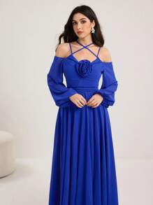 Modelyn Rochie elegantă de lungime medie pentru femei, cu decor floral 3D, albastru regal, rochie de seară formală albastră, rochie albastră cobalt, rochie lungă albastră, rochie formală cu umeri decupați, ținute lungi de vară pentru femei, rochii de seară de lux pentru femei, rochii de seară preppy pentru femei de toamnă, rochii de seară de lux pentru femei