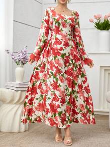 SHEIN Najma Váy thắt eo lưới in họa tiết phong cách Ả Rập cho nữ, mùa xuân/hè - Đỏ - Xem 4