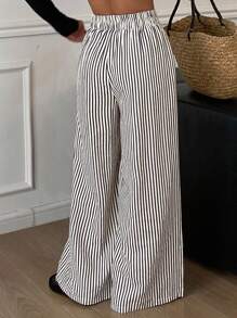 DAZY 女式条纹褶皱高腰阔腿休闲裤 - 黑與白 - 查看 5