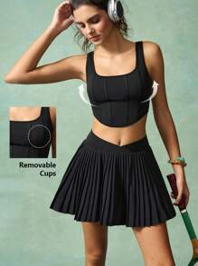 VARSIVA 女士纯色短款上衣和百褶迷你裙健身套装 - 黑色 - 查看 9