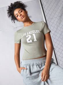 Streetz SHEIN Sport Women's Casual Letter & Number Print T-Shirt,Los Angelas 21 Basketball Short Sleeves Cropped Fitted Shirt,Sage Green,Summer,Gym,Back-To-School - Green - View 2