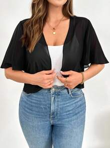 SHEIN Essnce 大码女装春夏时尚休闲宽松舒适透气清凉日常透视雪纺黑色短袖开衫、防晒外套、黑色上衣、巡航装女装、外出上衣 - 黑色 - 查看 5