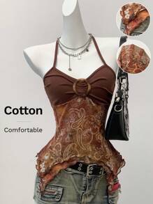 SHEIN EZwear Áo Y2k Vintage Grunge Country Concert Retro In Lưới Halter Cổ Hở Lưng, Nhìn Xuyên Qua - màu nâu - Xem 3