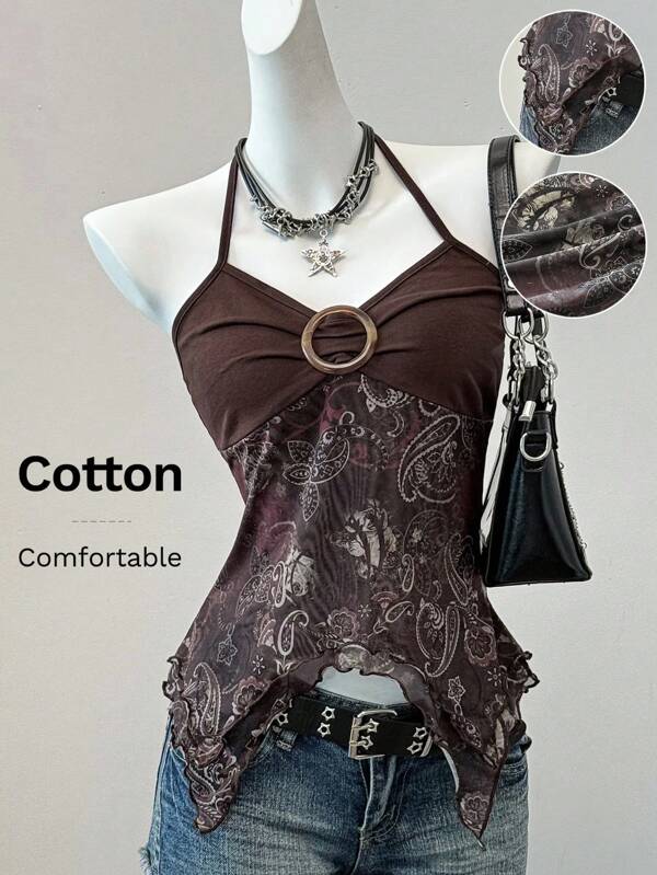 SHEIN EZwear Summer Y2k  Vintage  Grunge Vacation Outfits Brown Paisley Top Woman Retro Print  Through Top